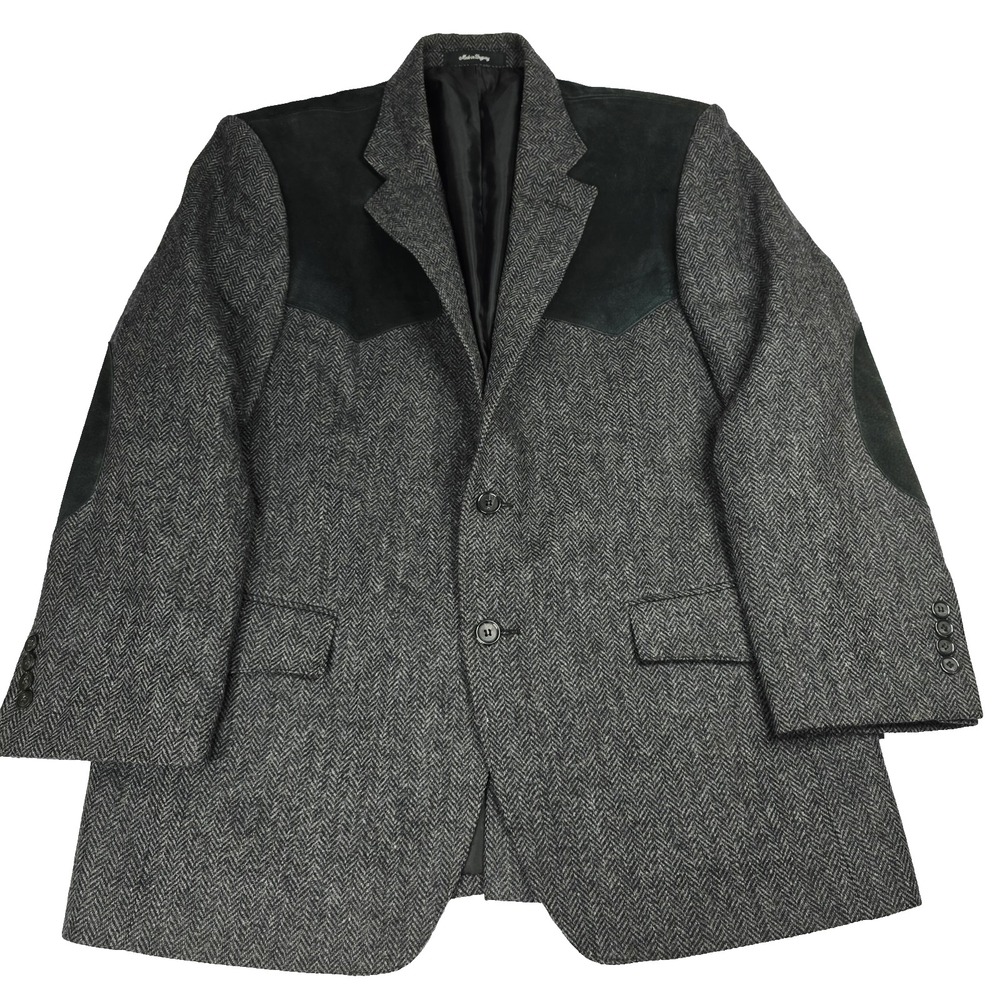 Bar WS‎ Blazer Mens 43 Wool Gray Herringbone Suede Elbow Patch Western Uruguay